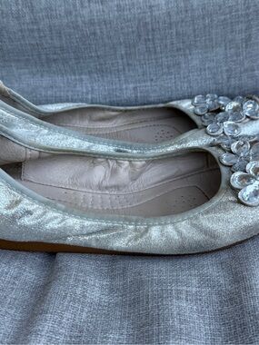 Sparkly Silver Metallic Rhinestone Flower Pointed Toe Ballet Flats - Size 10